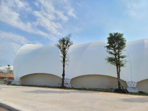 side profile view of tension fabric roof